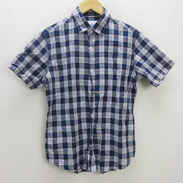 G■エディフィス/EDIFICE 半袖シャツ/チェック柄【44】紺/men's/149【中古】■拍卖