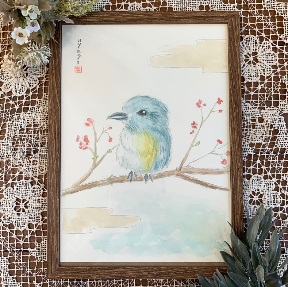 nyago 水彩画 日本画 花鳥画 小鳥 イラスト 絵画 手描きイラスト オリジナル キャンバス 原画 画家 直筆 真作 美術 アート インテリア 拍卖