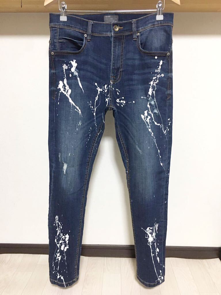 伸縮性抜群 春夏 ペイント ZARA MAN ウルトラ ストレッチ スキニー 送料230円 42 32 ダメージ デニム メンズ パンツ ジーンズ ネイビー拍卖