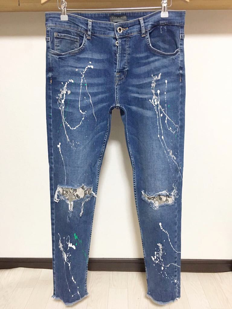 柔らかめ ペイント ZARA MAN ヘビ柄 カットオフ 送料230円 44 34 ストレッチ スキニー ダメージ デニム メンズ パンツ ジーンズ拍卖