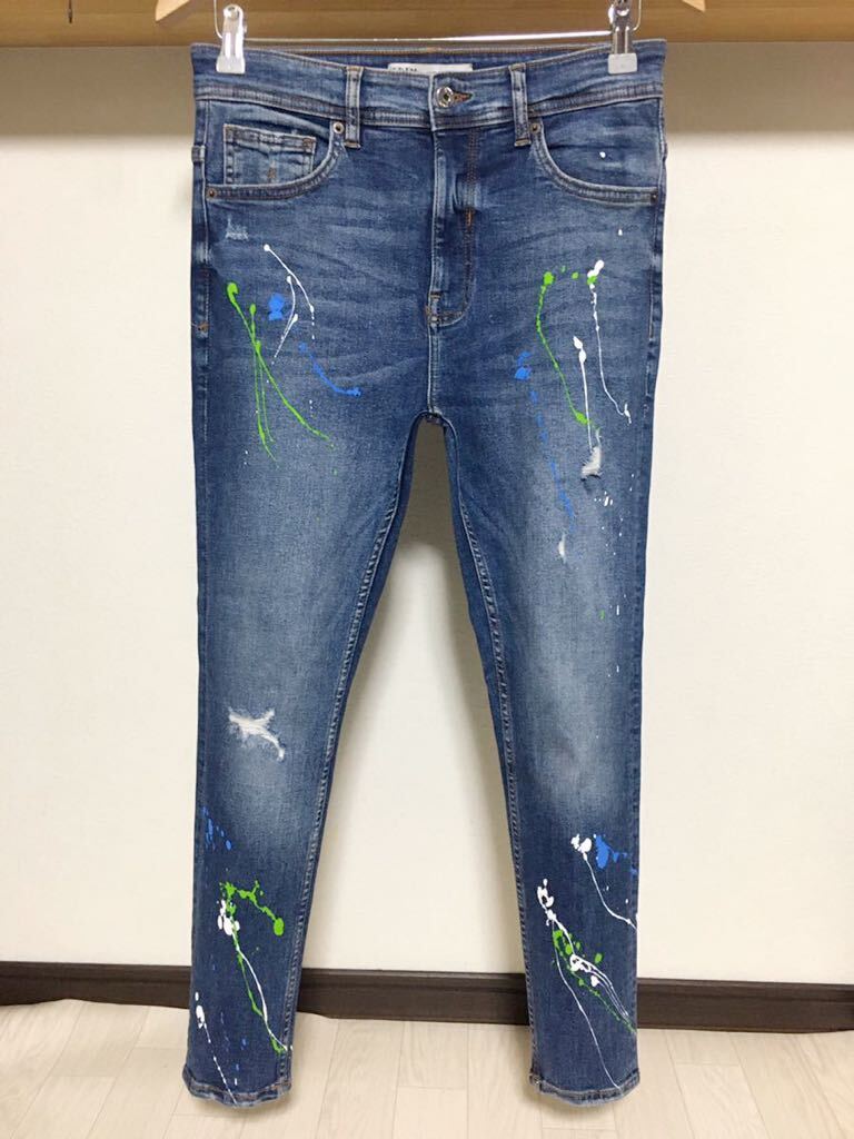 伸縮性抜群 ペイント ZARA MAN ストレッチ 送料230円 38 30 ウルトラ スキニー ダメージ デニム パンツ ネイビー メンズ ジーンズ拍卖