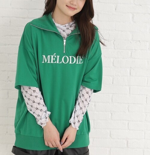 新品 PINK-latte 【2点セット/ニコラ掲載商品】5分袖ハーフZIPチュニック+シアートップスセット グリーン(022) 16(160cm) 定価4730円拍卖