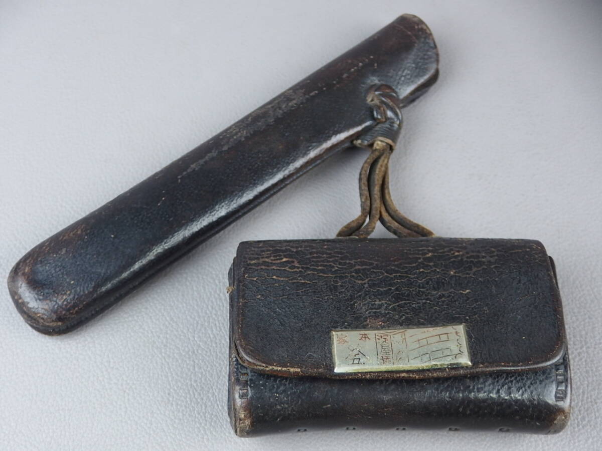 【骨董・喫煙具】★古い 皮製★★時代煙草入 胴乱 fp140sl.8 提物 莨入 古道具 古民芸拍卖