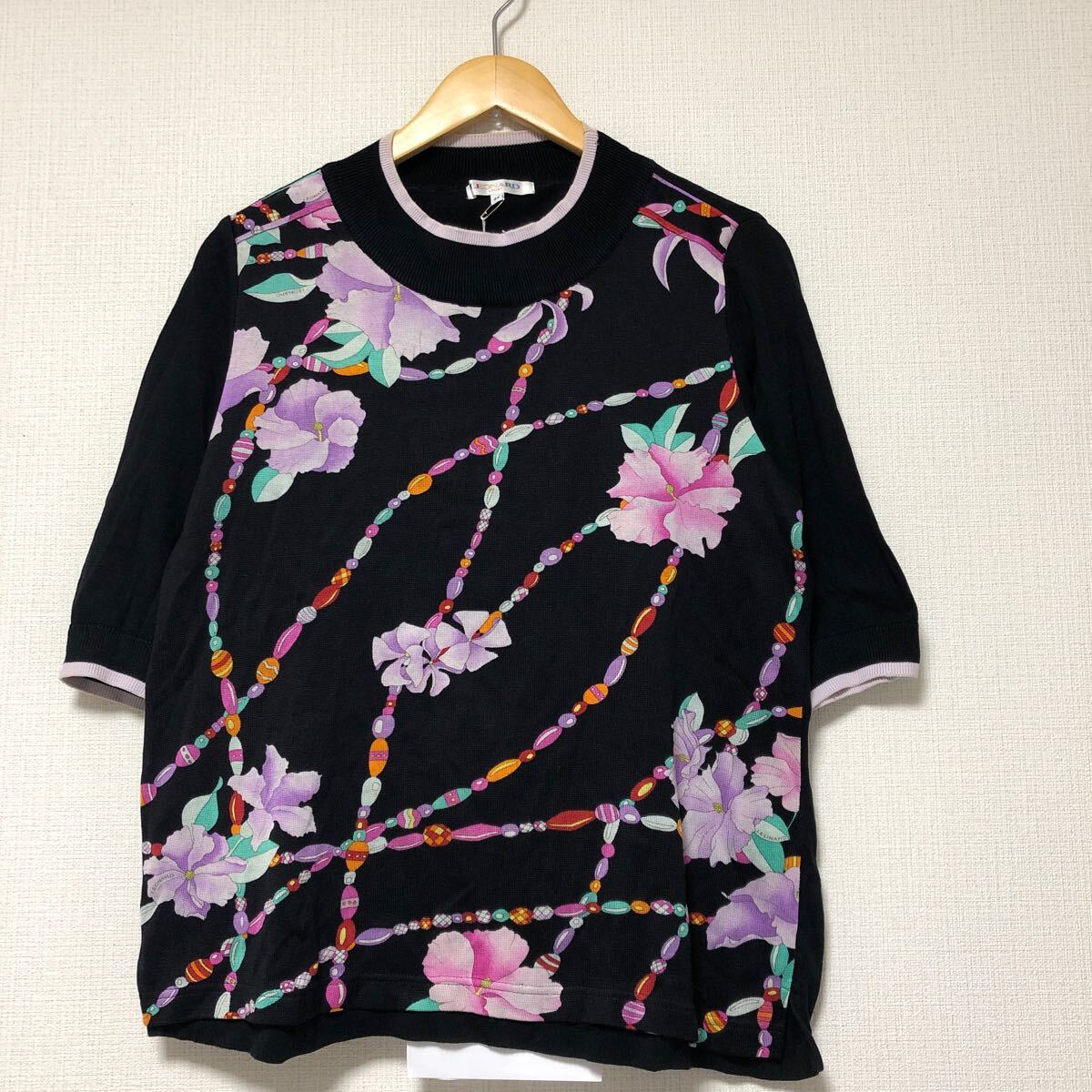 (k) LEONARD レオナール 花柄 コットンニット 半袖 セーター レディース 黒 ブラック 44 トップス 日本製拍卖