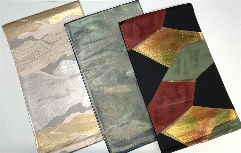 花とら●リサイクル帯 袋帯 3本まとめて 裂取り風 漆箔 金箔 箔織り 青銅箔 氷裂風 240922拍卖