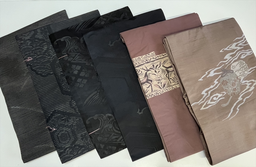 花とら●リサイクル帯 名古屋帯 6点まとめて 喪用4点含む 未使用品 使用可能 リメイク 素材 240922拍卖