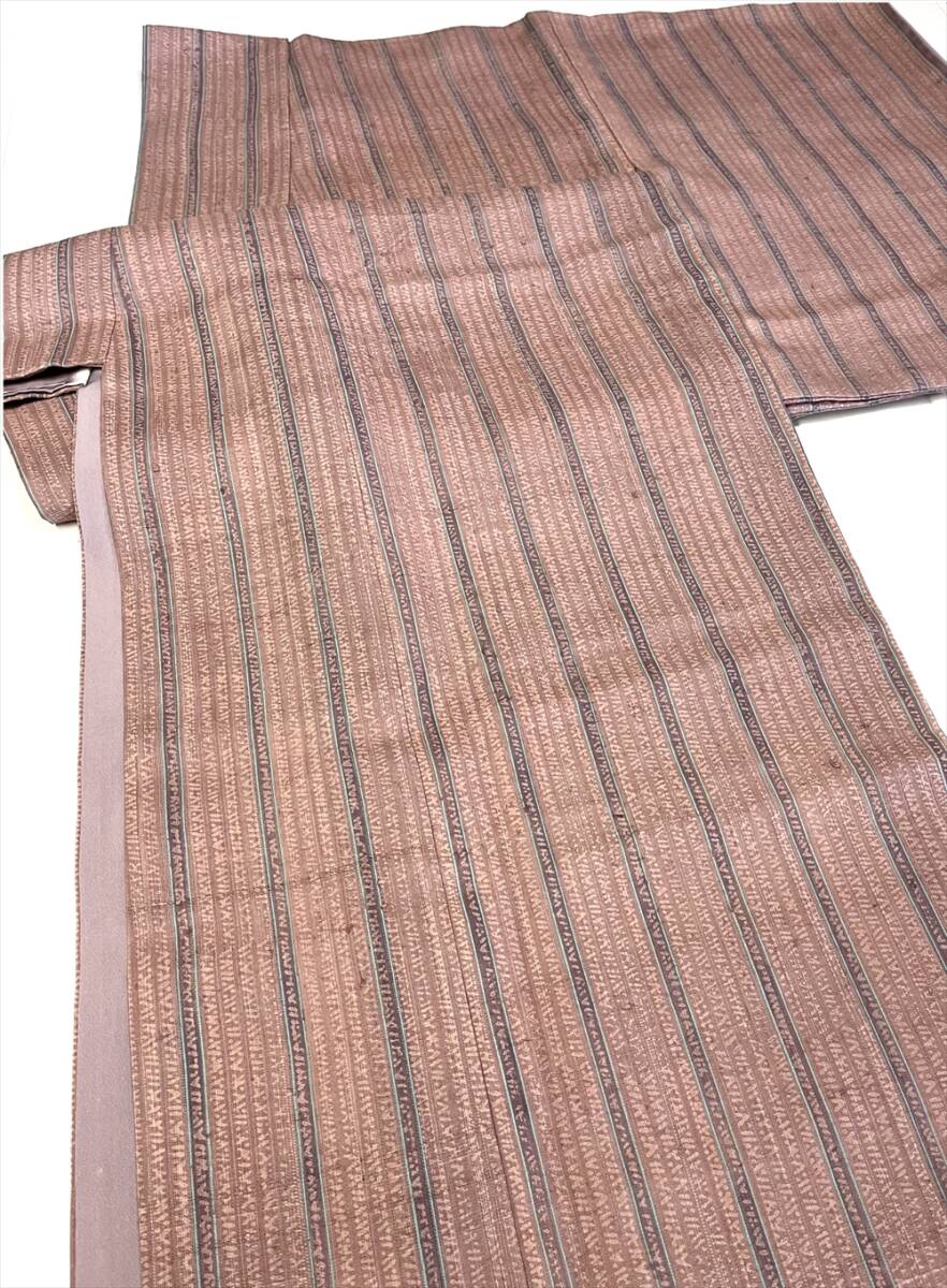花とら●リサイクル着物 小紋 横節 縦縞 灰桃 リメイク 素材 240910拍卖