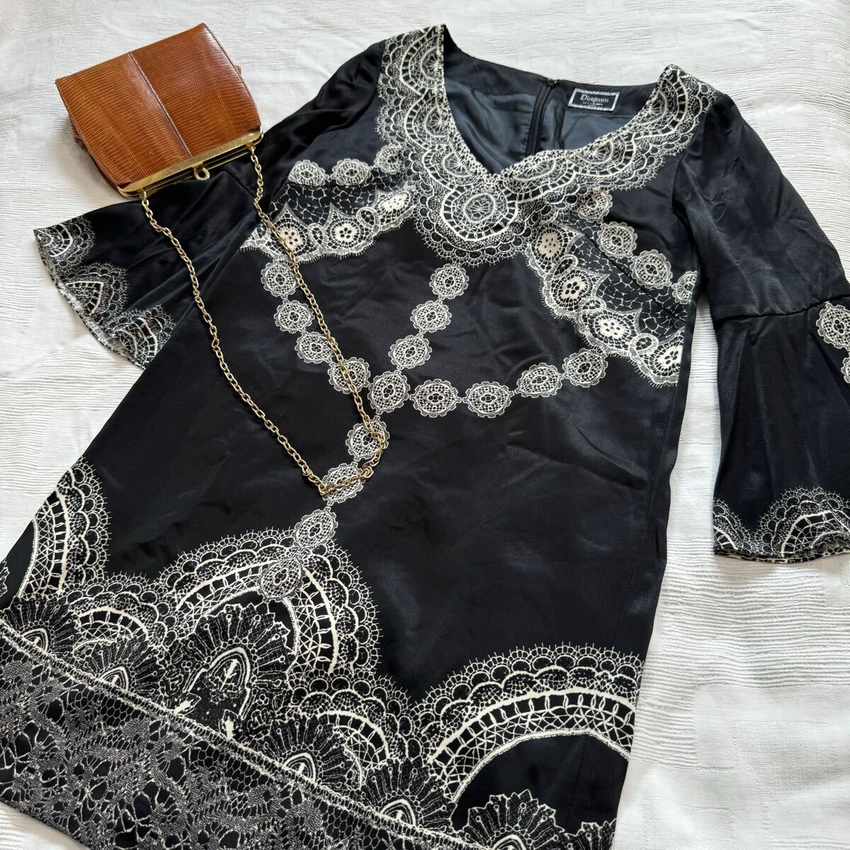 diagram ダイアグラム グレースコンチネンタル◆ 膝下丈 ワンピース ブラック チュニック刺繍柄 フレア7部袖 サイズ36 黒 y24101707拍卖