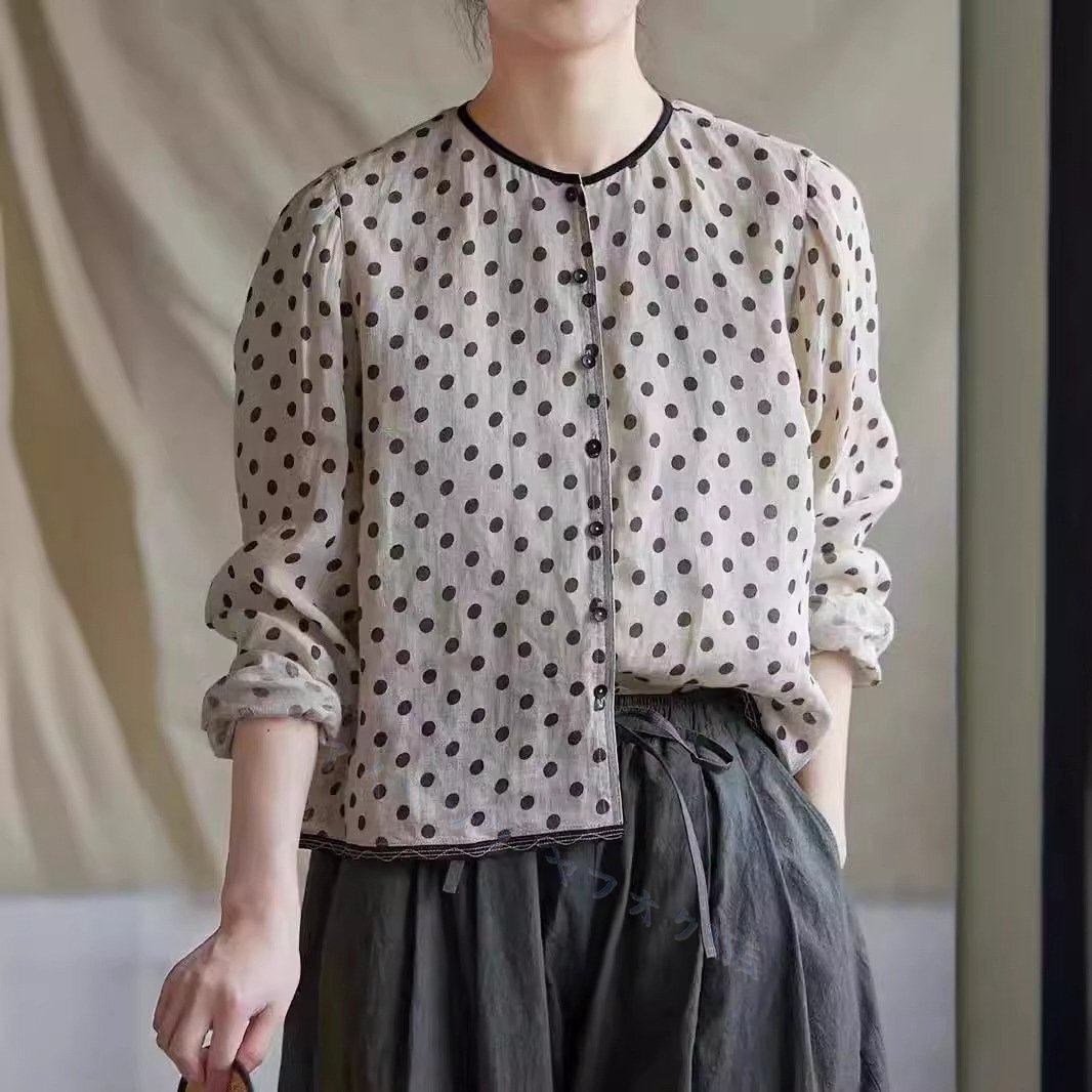 新品☆カーディガン チュニック トップス 織り込みドット柄 水玉 ゆったり高質 RINEN リネン 麻 フリーサイズ ナチュラル 亜麻色拍卖