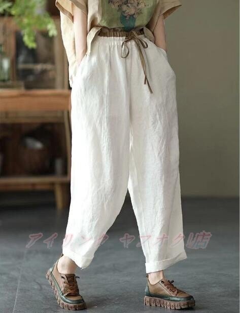 ☆新品サイズ選択可 秋 ナチュラル ゆったり 無地 綿麻 大きいサイズ 合わせやすい ルーズパンツ ワイドパンツ 白拍卖