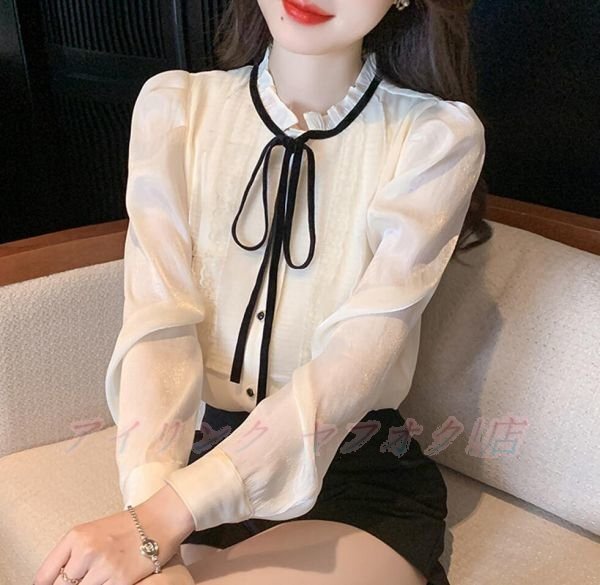 ☆新品サイズ選択可 オフィスブラウス ブラウス 長袖ボウタイ オシャレ シフォントップス 韓国風 大人 通勤OL ゆったりシャツ拍卖
