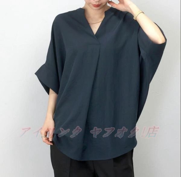 ☆新品夏 チュニック ゆるビッグサイズ Vネック レディース ドルマン ブラウス オフィス 着やせ 大人 トップス ネイビー拍卖