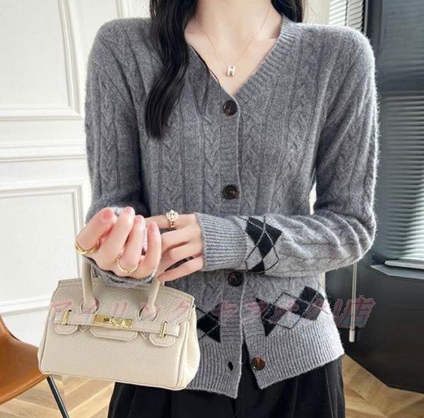 ☆新品ニット カーディガン 羽織り カシミヤ混 配色 ニット セーター 長袖 Vネック 前開き ショート丈 トップス 灰拍卖