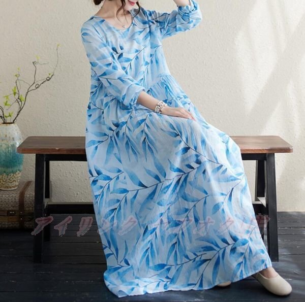 ☆新品サイズ選択可 秋 ワンピース 体型カバー レディース 長袖 ゆったり プリント 綿麻調 ロングワンピ 大きい 水色拍卖