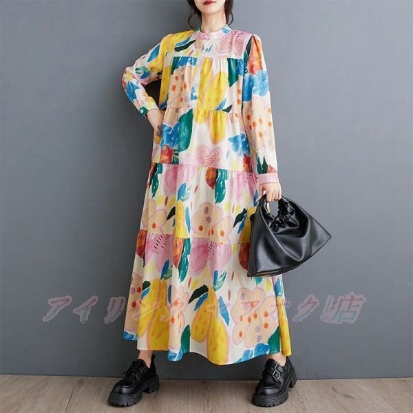 ☆新品Fサイズ プリント ロングシャツワンピース レディース フォーマル 大人 ロングワンピース 長袖 オシャレ C拍卖