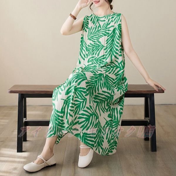 ☆新品ロングワンピース ノースリーブ きれいめ マキシワンピース 涼しい 夏 プリント柄 Aラインワンピース グリーン拍卖