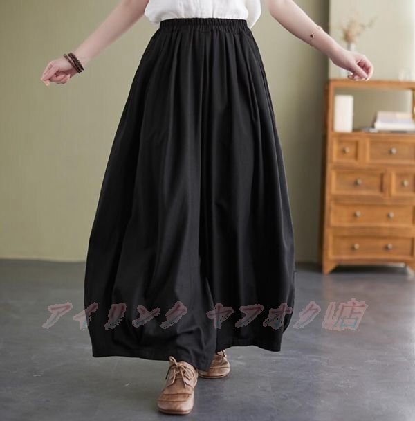 ☆新品サイズ選択可 春 レディース ワイドパンツ ボトムス ゆったり 着やすい 無地 綿麻混パンツ ガチョウパンツ 黒拍卖