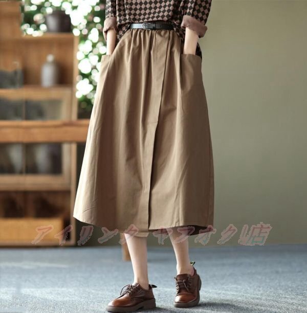 ☆新品サイズ選択可 ひざ丈スカート コットン レディース ボトムス カジュアル 膝 aライン ミモレ丈 フレアスカート カーキ拍卖
