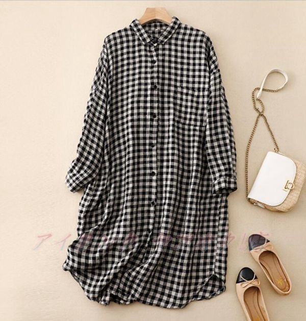 ☆新品シャツワンピース チュニック トップ 綿麻 シャツブラウス ロングシャツ 長袖 大チェック 大きいサイズ カジュアル風拍卖