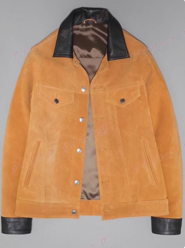 ☆新品上質牛革レザージャケット男性スリムショートセクションラペルメンズデニムバイカージャケットカジュアルM-2XL拍卖