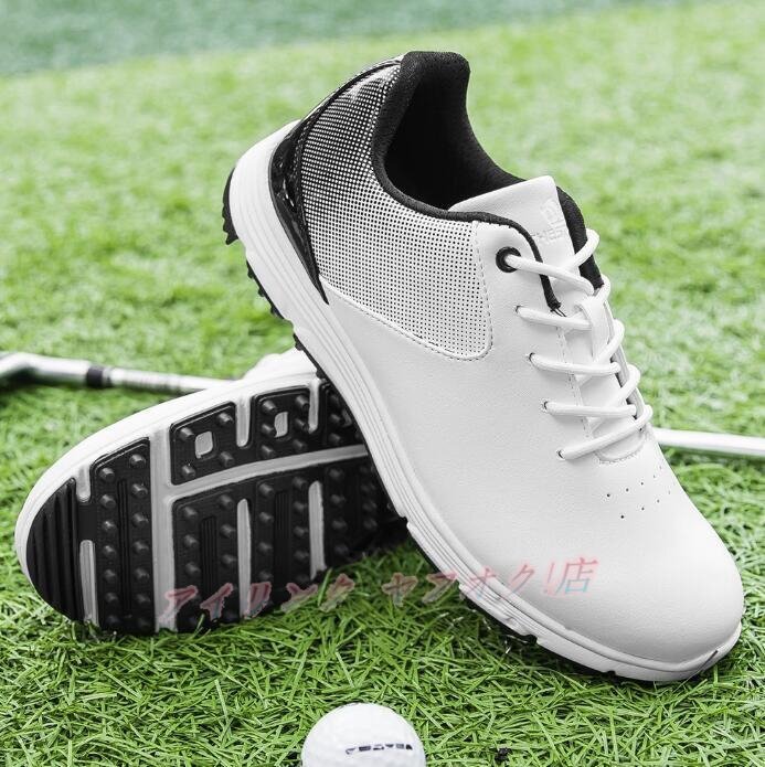 ☆新品ゴルフシューズ メンズ スニーカー 運動靴 ダイヤル式 防水 防滑 耐磨 軽量 耐久性 強いグリップ スパイク靴 紳士 黒白拍卖