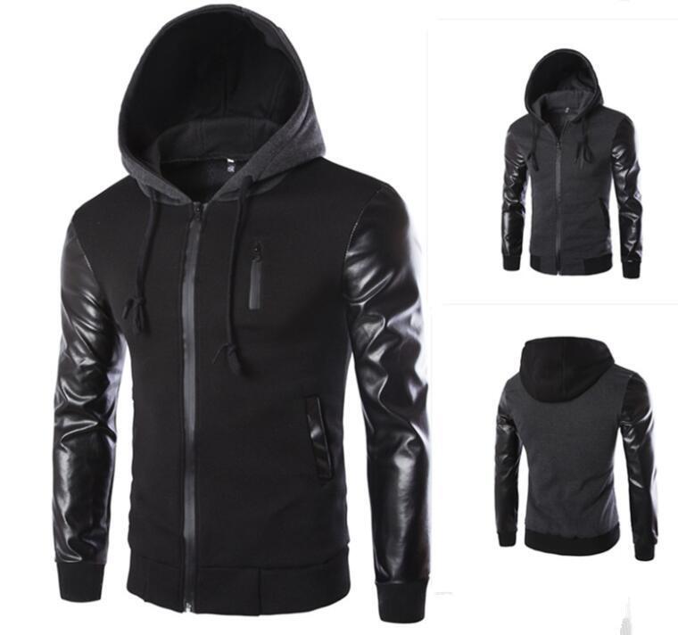 新品 メンズ レザージャケット ライダースジャケット バイクウエア パーカー 切り替え ニット フード付きDJ1617拍卖