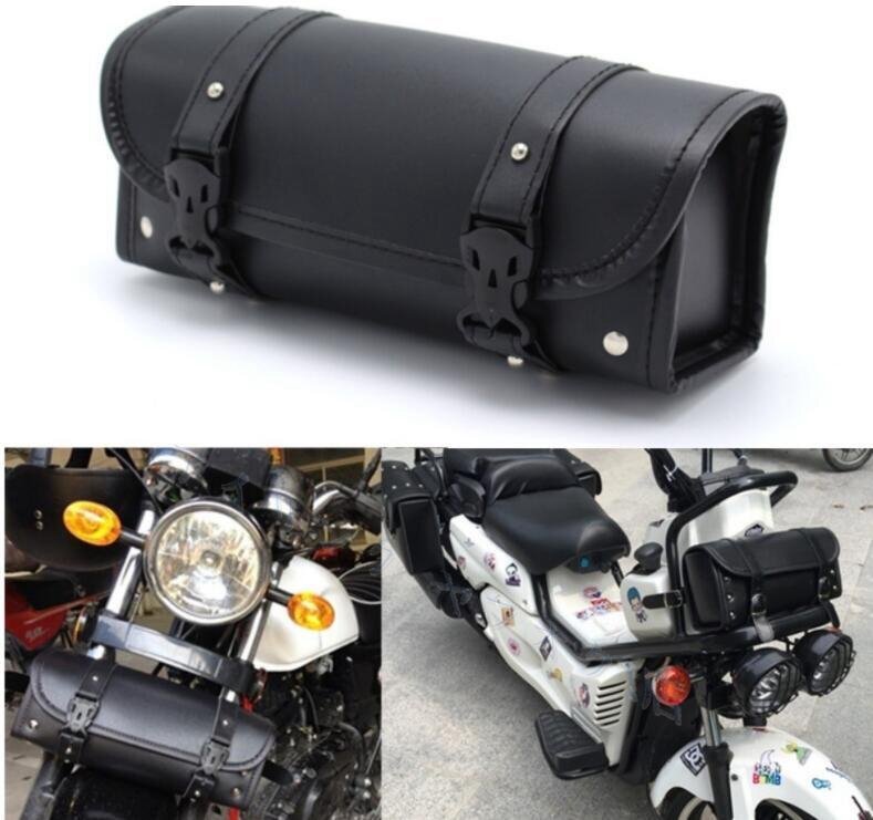 ☆新品上質 バイク用 汎用 ツールバッグ ラウンドタイプ フロント サイド 小物入れ 工具入れ PUレザー 収納 ブラック拍卖