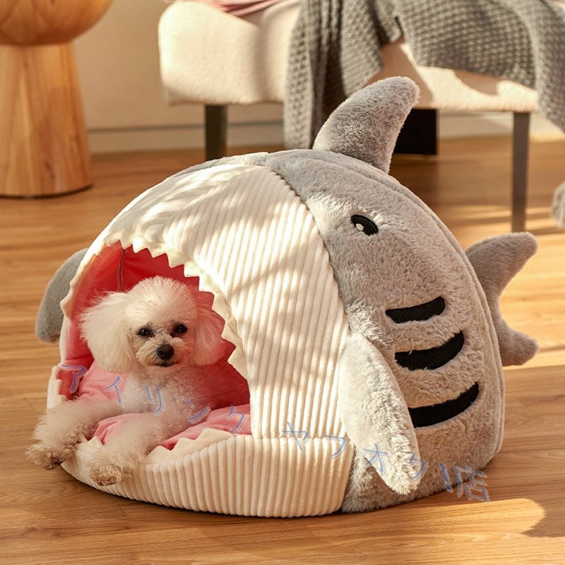新品☆3色選択可猫犬ベッドサメ型ペットベッドふわふわ暖かもこもこキャットペットハウス 滑り止めクッション柔らかい秋冬 グレー Lサイズ拍卖