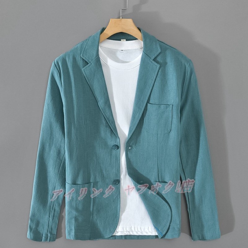 ☆新品テーラードジャケット メンズ リネンジャケット 無地 綿麻 スーツブ レザー 胸ポケット 背広 薄手 春夏 サイズ選択可M ブルー拍卖