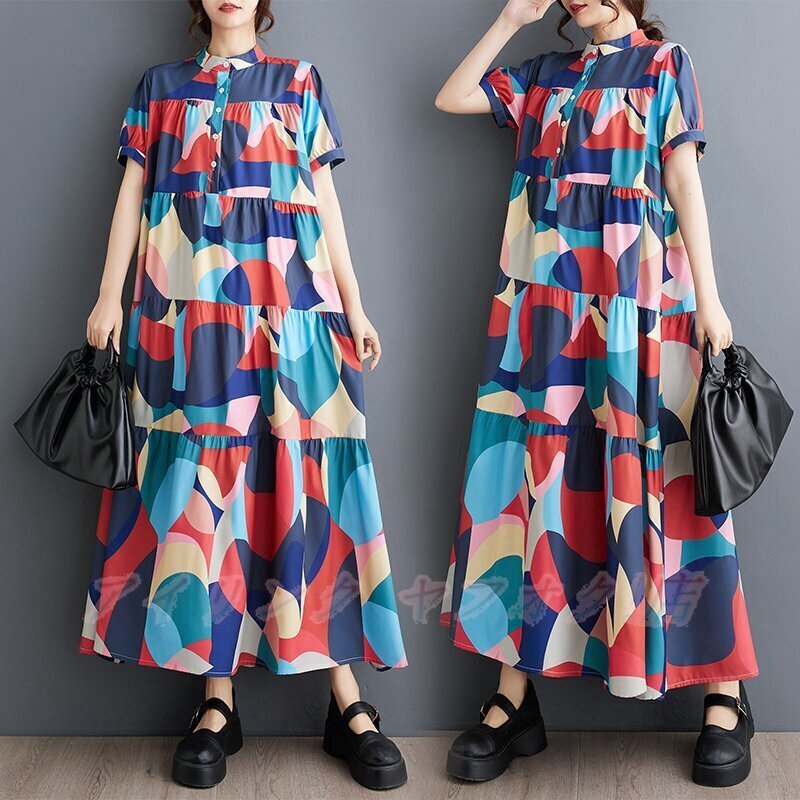 ☆新品シャツワンピース ロング丈 着痩せ ゆるシルエット プリント 大人可愛い 森ガール 立ち襟 半袖 ロングワンピース 14拍卖