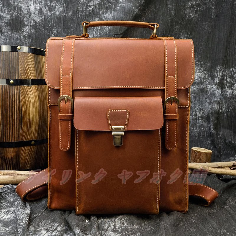 ☆新品美品 大容量 派手 ヌメ革 書類鞄 ハンドメイド ショルダーバッグ 斜めがけ ハンドメイドリュックバッグ 牛革 ブラウン拍卖