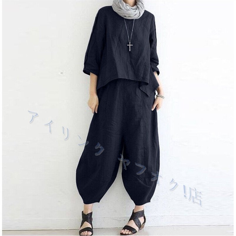 ☆新品濃紺の上下セットぷっくりパンツがかわいい 大きいサイズ アシメントリーTOPS2点セット 紺拍卖