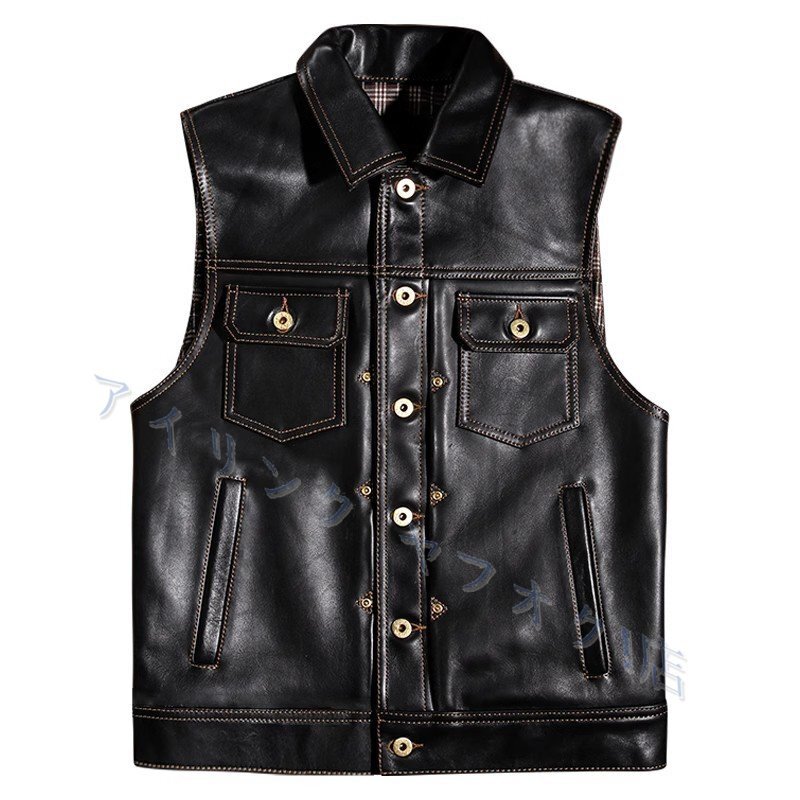 ☆新品ヴィンテージ復刻モデル 高品質カーフスキンレザー ベスト ブラック本革 牛革 アメカジ メンズS~3XL バイカーズ拍卖