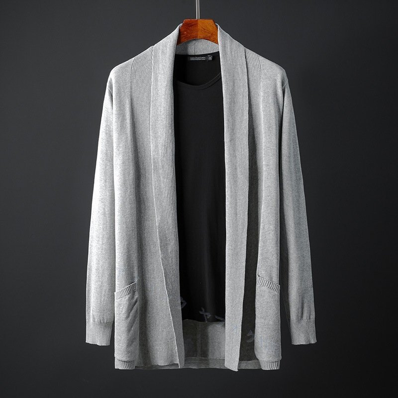 新品☆カーディガン メンズ 秋冬 ニットジャケット ロング丈 ニットセーター アウター ロングコート ショールカーディガン グレー M~3XL拍卖