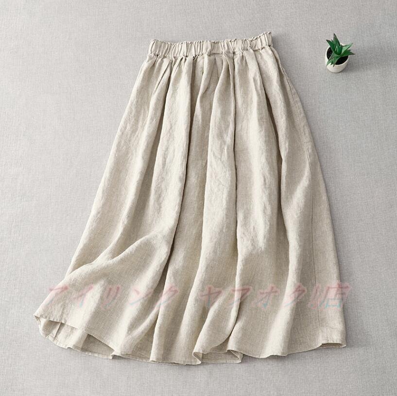 ☆新品サイズ選択可 レディース 綿麻 ひざ丈 フレアスカート aラインスカート ミディアム丈 ボトムス 美脚 大人 麻色拍卖