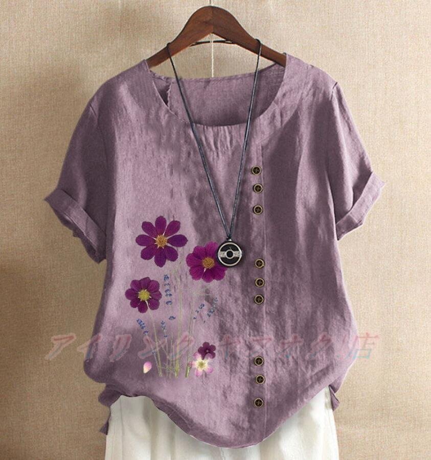 ☆新品サイズ選択可 夏 カジュアル 綿麻 半袖 チュニック ゆったり 花柄 大きいサイズ シャツブラウス 紫拍卖
