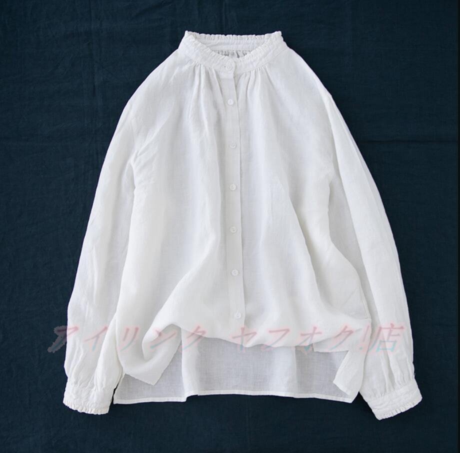 ☆新品サイズ選択可 ブラウス シャツ リネンシャツ 綿麻風 トップス ゆったり 長袖 通勤 チュニック ホワイト拍卖