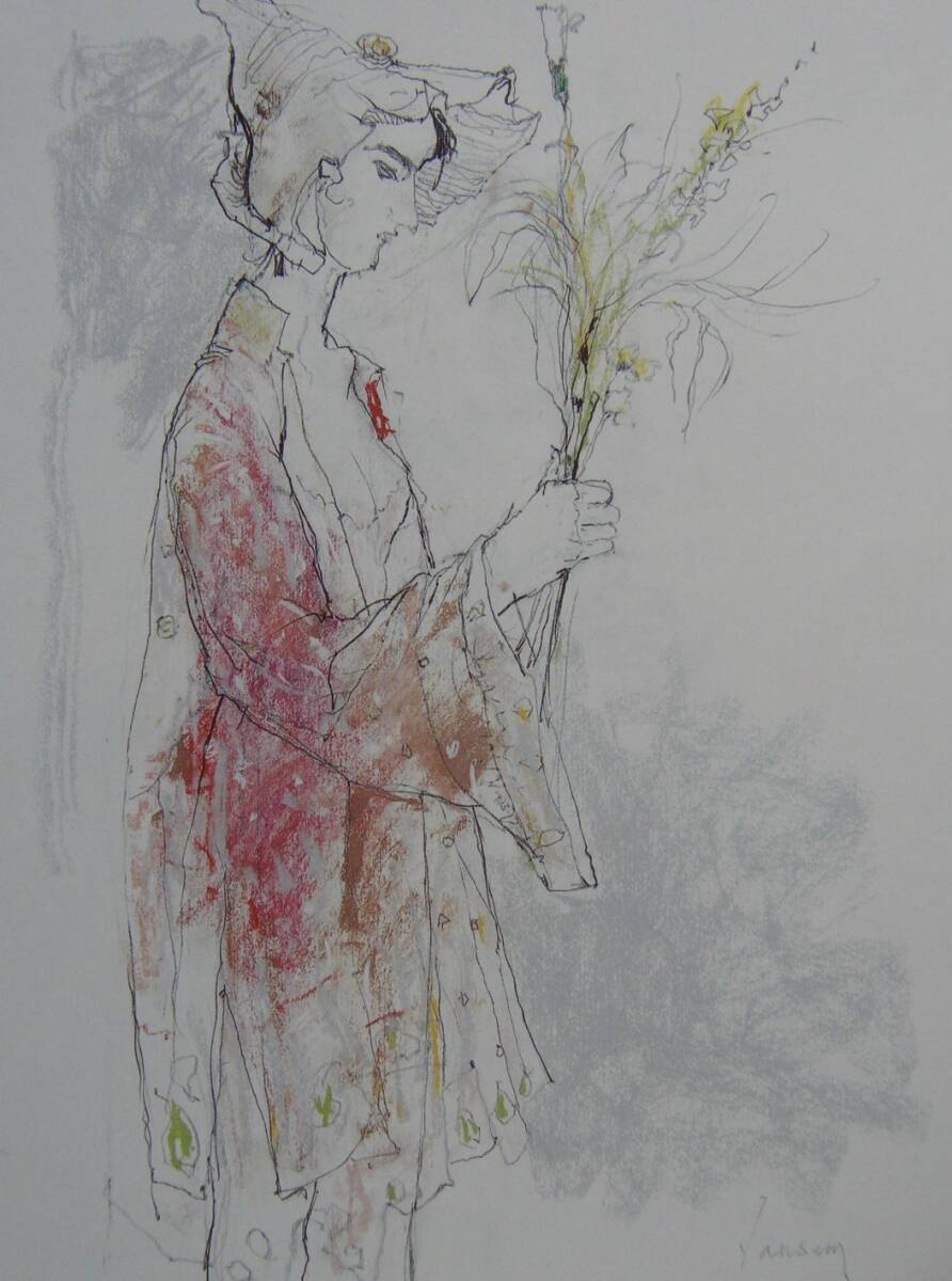 ジャン・ジャンセム、「花束とリンダ」、希少画集・額装画、日本製・新品額縁にて額装致します、状態良好、送料無料拍卖