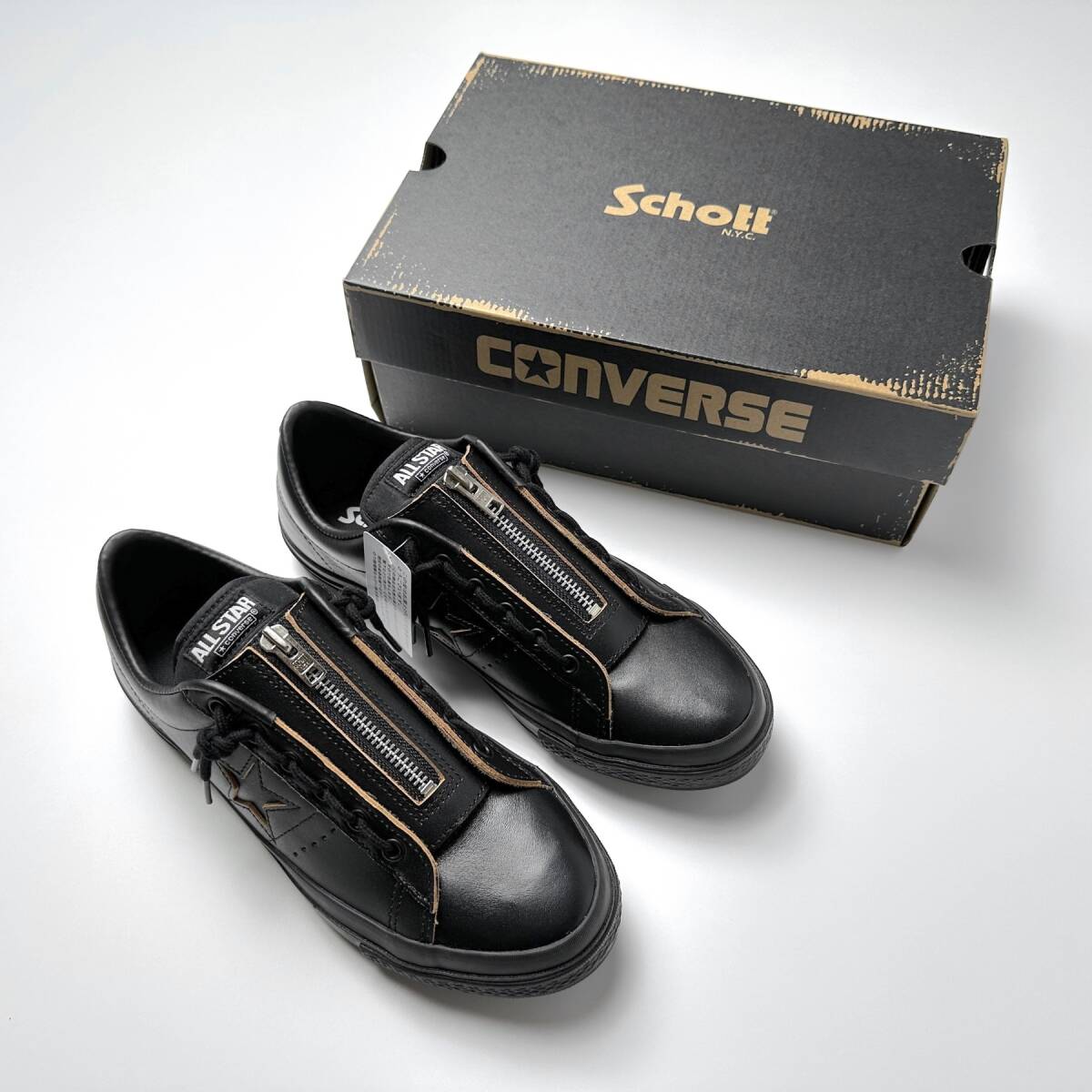 SCHOTT × CONVERSE ONE STAR Z BLACK US9.5 28cm コラボ 別注 オールレザー ONESTAR ワンスター ライダース ブラック 革ジャン スニーカー拍卖