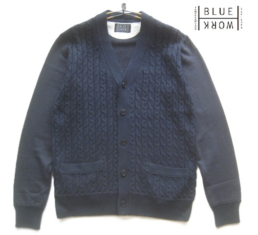 美品!!トゥモローランド ブルーワーク TOMORROWLAND BLUE WORK*スウェット×ケーブル編みコットンニット切り替えカーディガン 紺 M拍卖