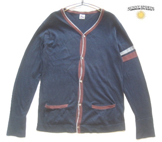 美品!!サニースポーツ SUNNY SPORTS*絹10% ラインデザイン シルクコットンニットカーディガン 36 実寸S 紺×茶×灰拍卖