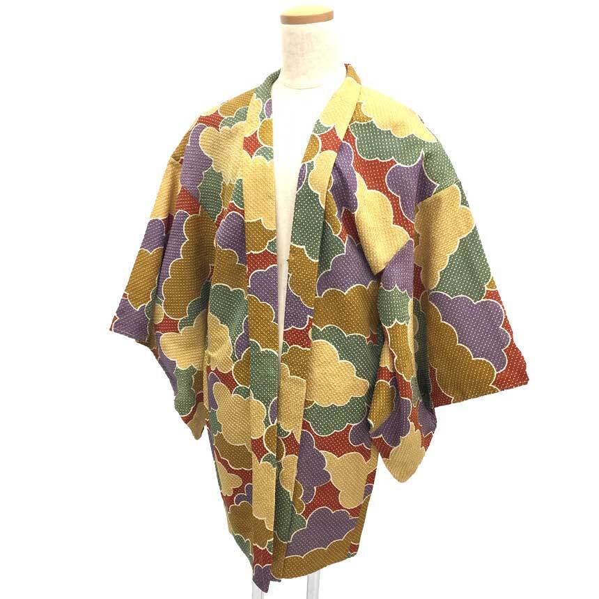 京やM408 正絹 長羽織 総絞り 絞りの長羽織 和装コート セミロング丈 着物コート 羽織 袷仕立て 雲取り文様 ゆったりサイズ 裄70cm 未使用拍卖