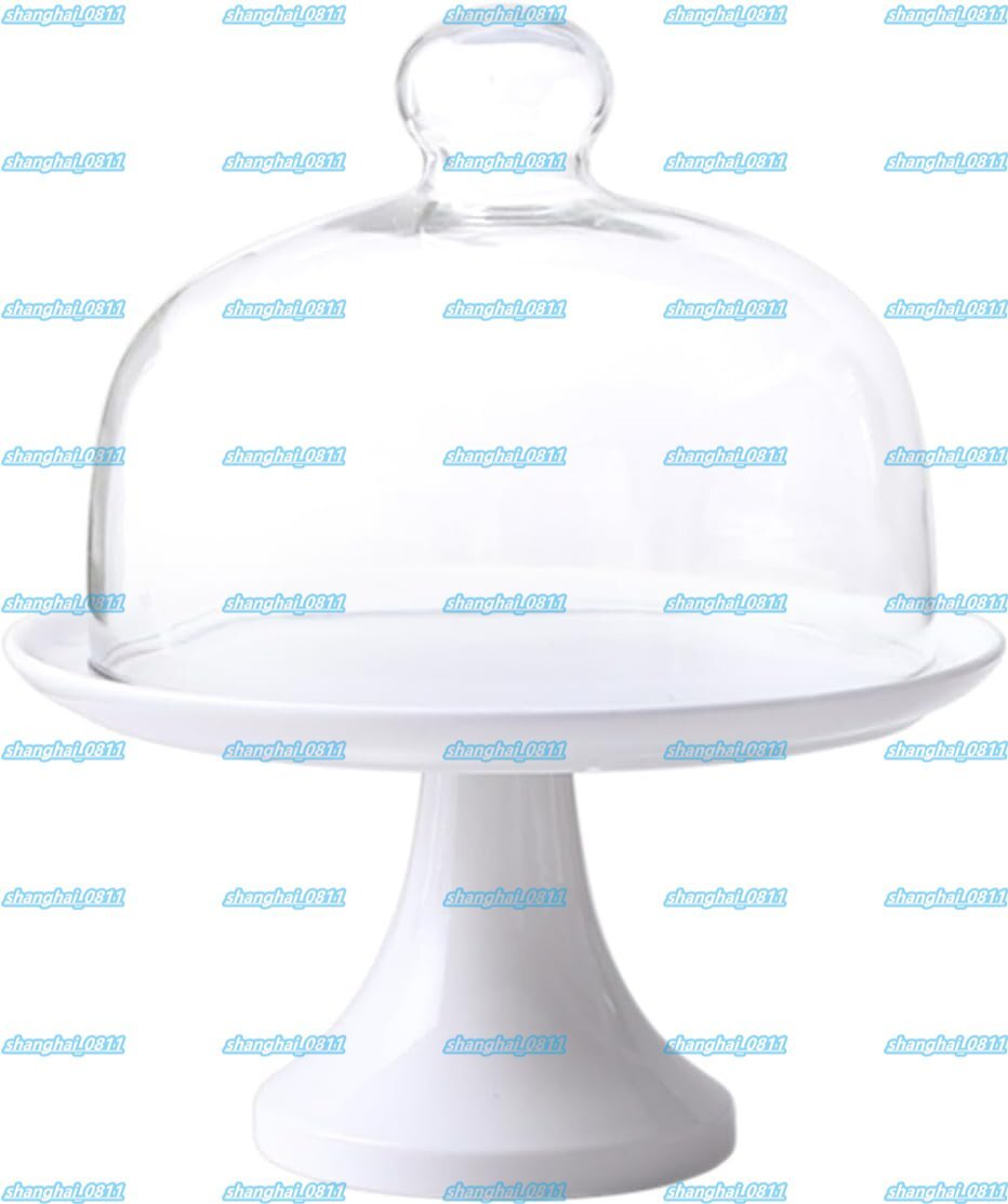白いケーキスタンド クリアドーム付 丸型陶器ケーキデザート皿 ケーキ台 ガラスケーキドーム付き 結婚式 20.5*23CM拍卖
