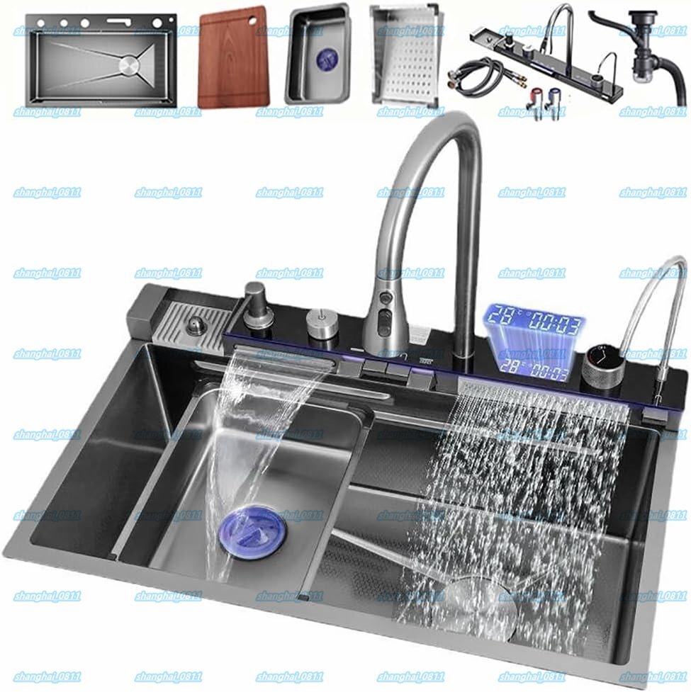 キッチンシンクスマートウォーターフォールシンク引き出し式蛇口付き 台所ステンレスシンク大きい流し台 80x45x22cm拍卖