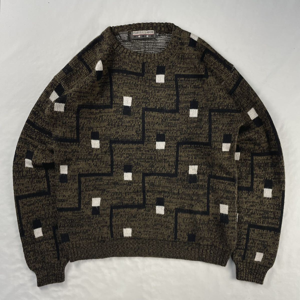 US Vintage 90s PARTS & LABOR ローゲージ アート クレイジーパターン 幾何学模様 総柄 デザインニット拍卖