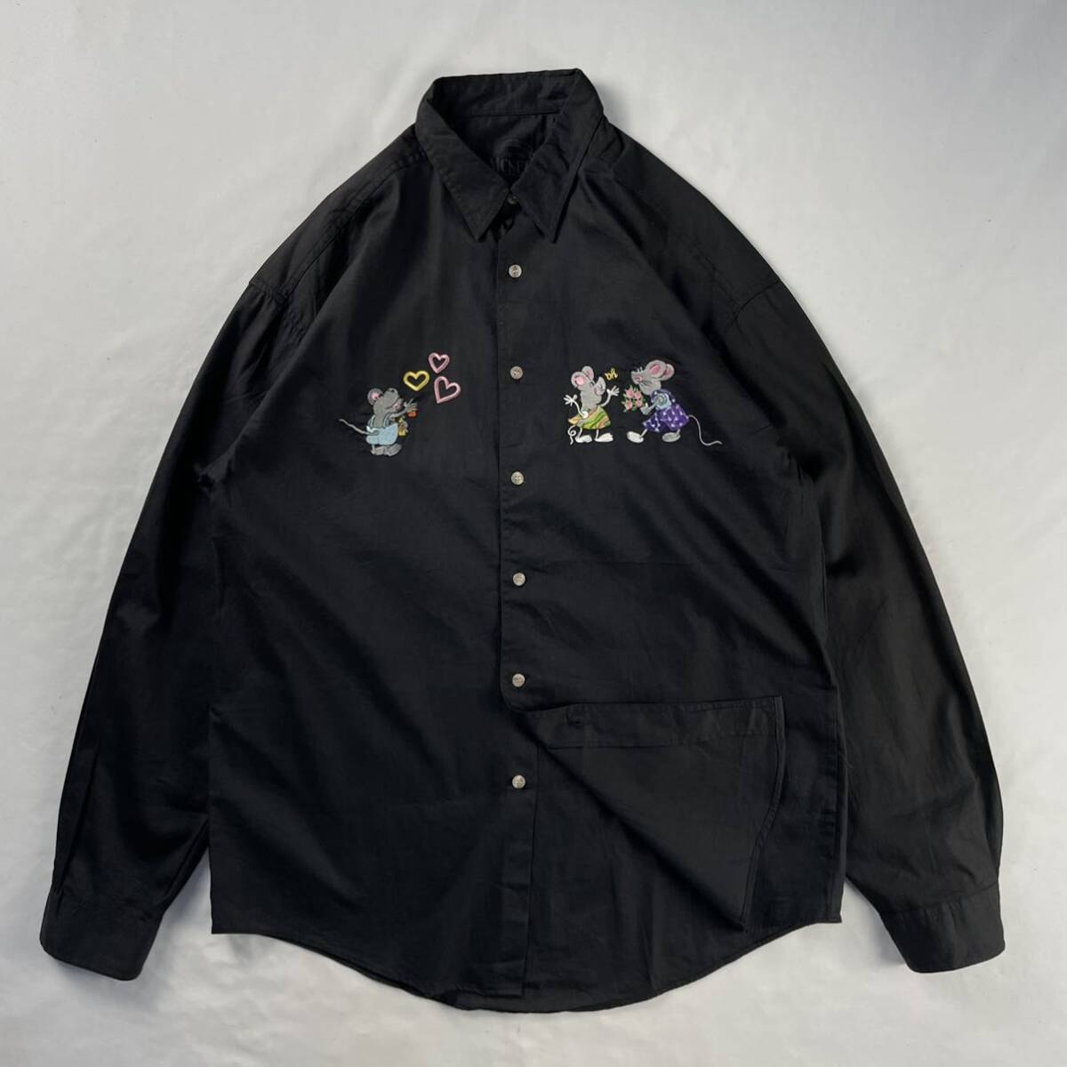 Euro Vintage MCNEAL コットン100% 刺繍 キャラクター ポップ 単色 ブラック デザインシャツ ドレスシャツ 拍卖