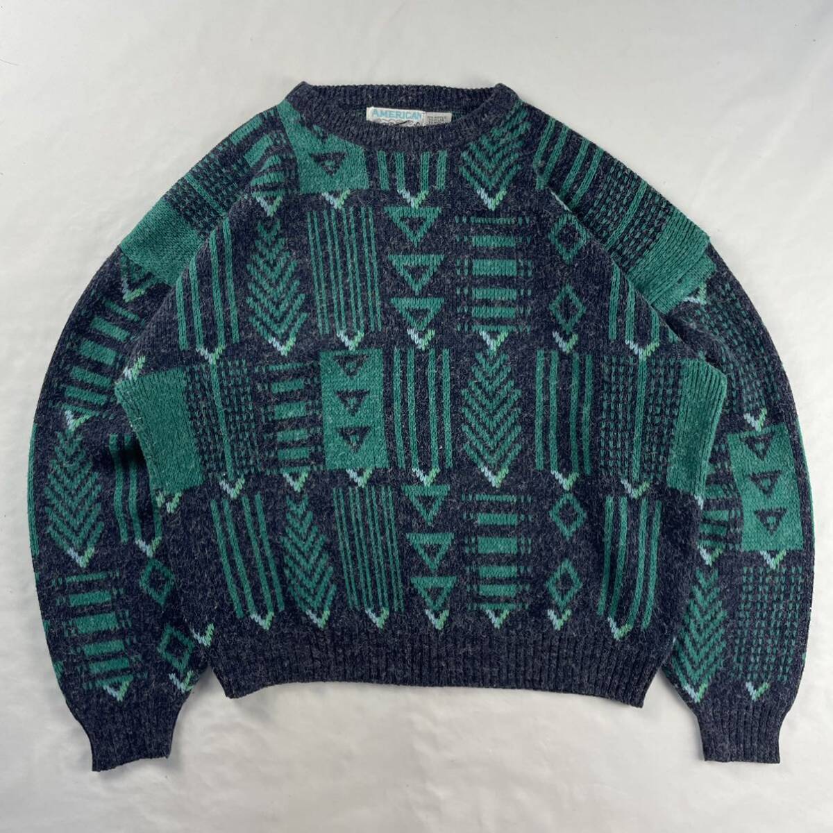 US Vintage 90s AMERICANCRUSADER ネイティブ柄 民族 エスニック 幾何学模様 クレイジーパターン アート 総柄 デザインニット拍卖