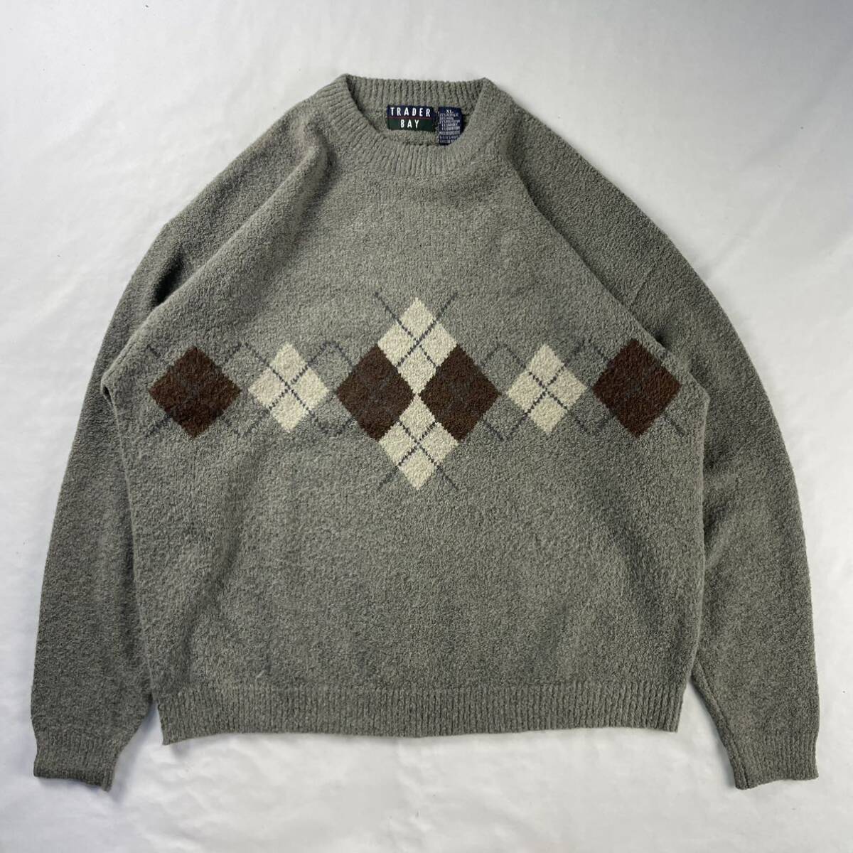 US Vintage 90s TRADER BAY アクリル ウール ポリ スパンデックス 異素材 くすみカラー アーガイル ダイヤ チェック デザインニット 拍卖