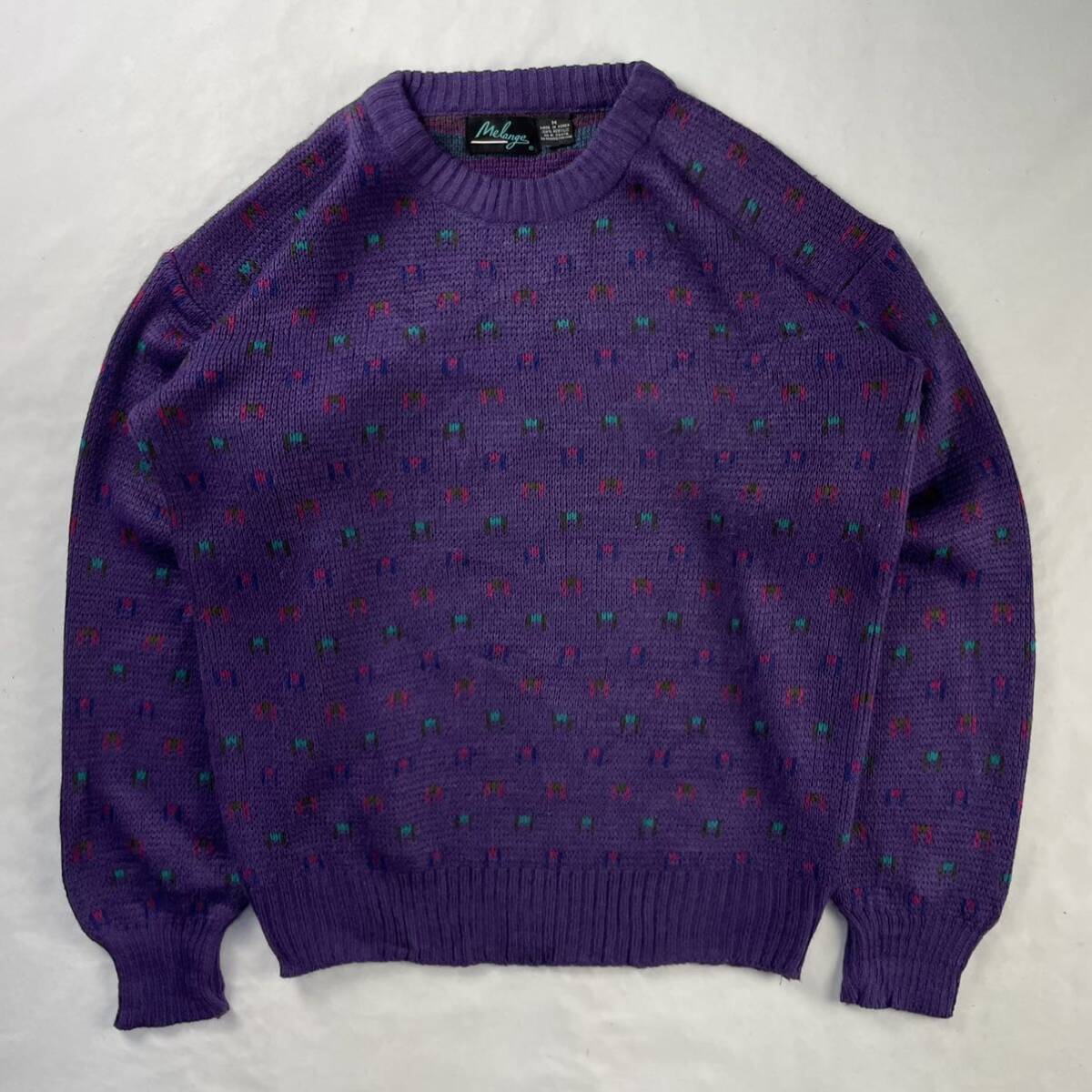 US Vintage 80-90s Melange アクリル100% ローゲージ 好配色 マルチカラー バーズアイ アート 幾何学模様 レトロ 総柄 デザインニット拍卖