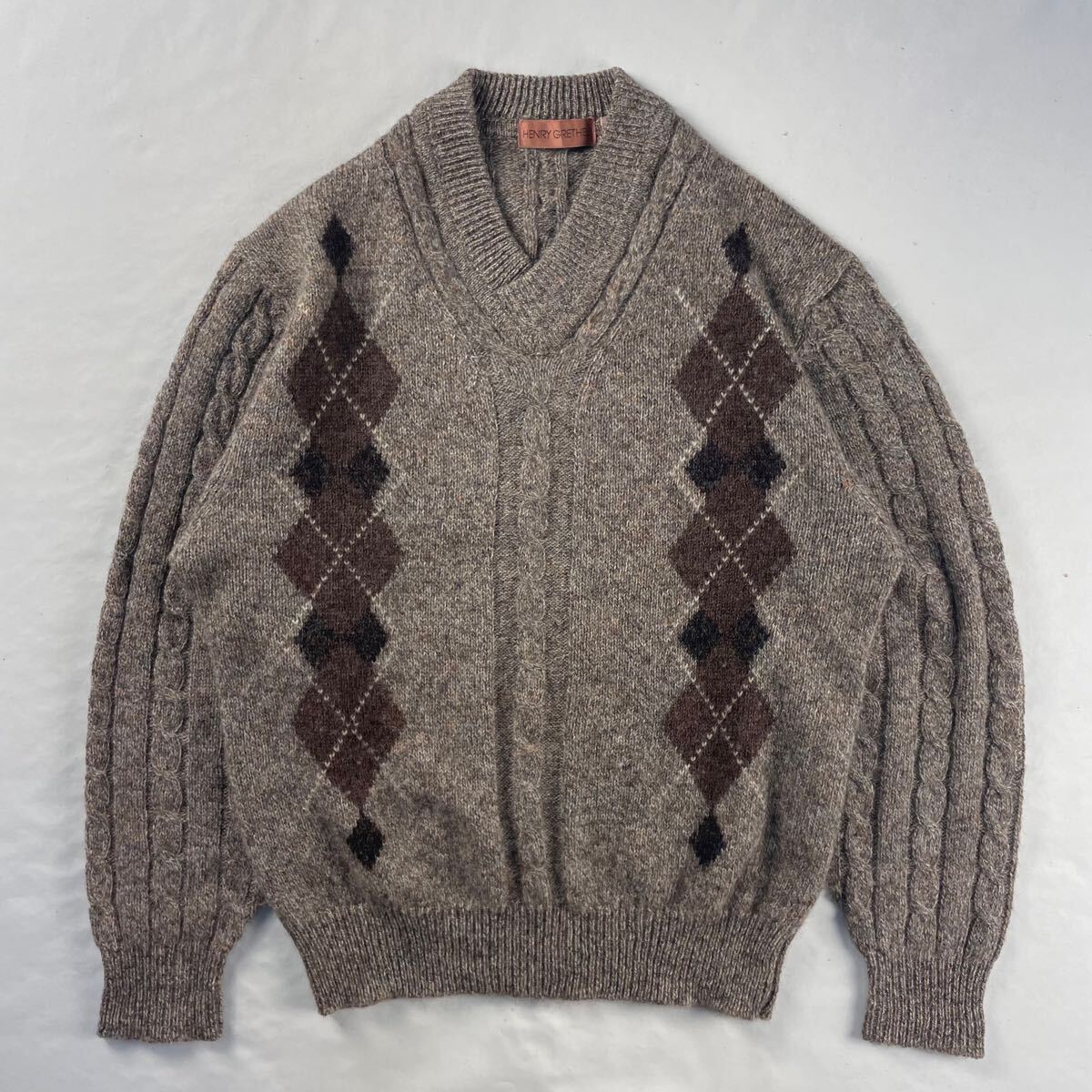 US Vintage 90s HENRY GRETHEL ウール100% ボリュームVネック くすみカラー 立体 メランジ 3D アーガイル ダイヤ レトロ デザインニット拍卖